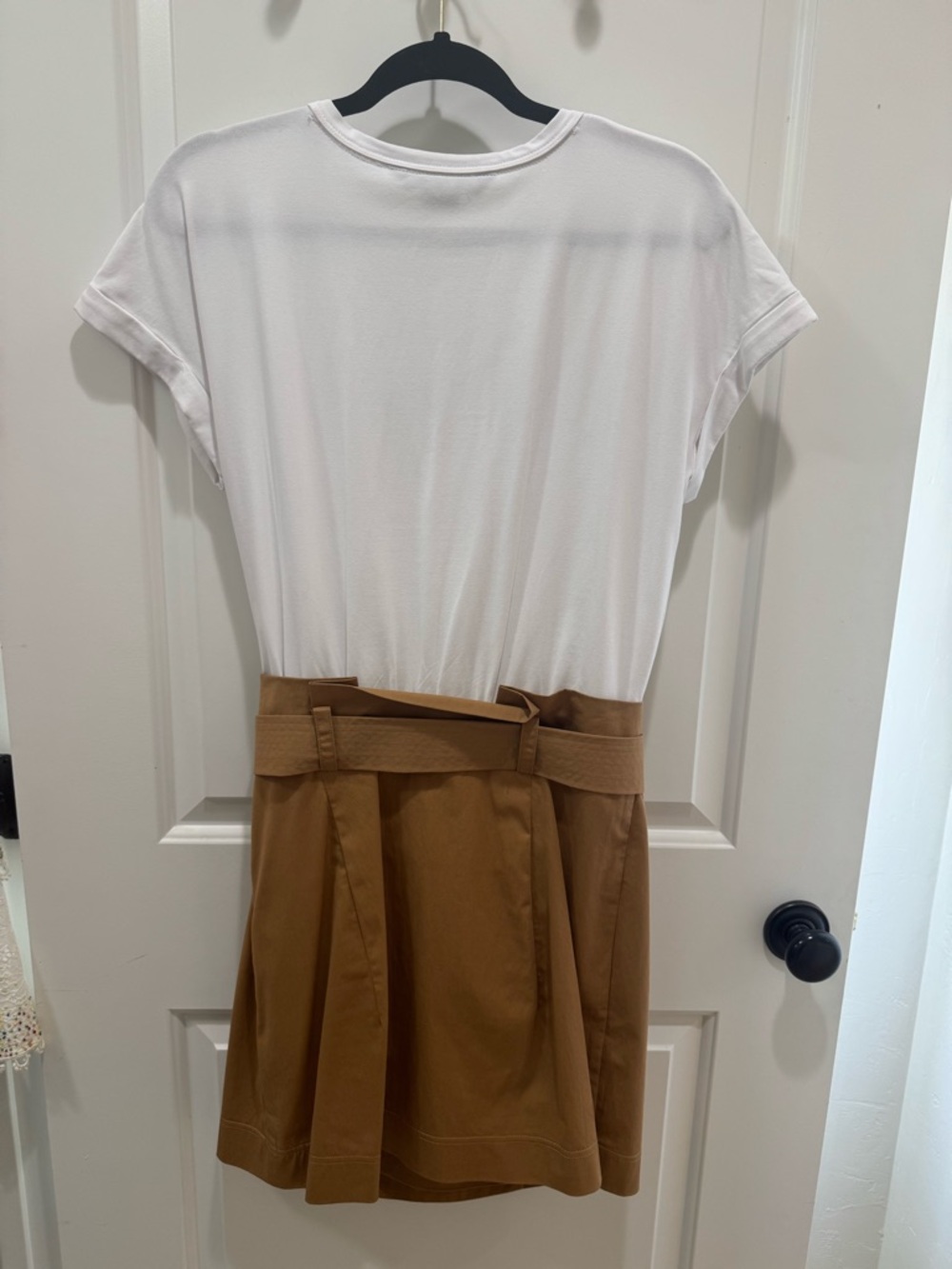 Veronica Beard Melany Mixed Media White and Tan High-Waist Belted Mini Dress - Picture 9 of 13